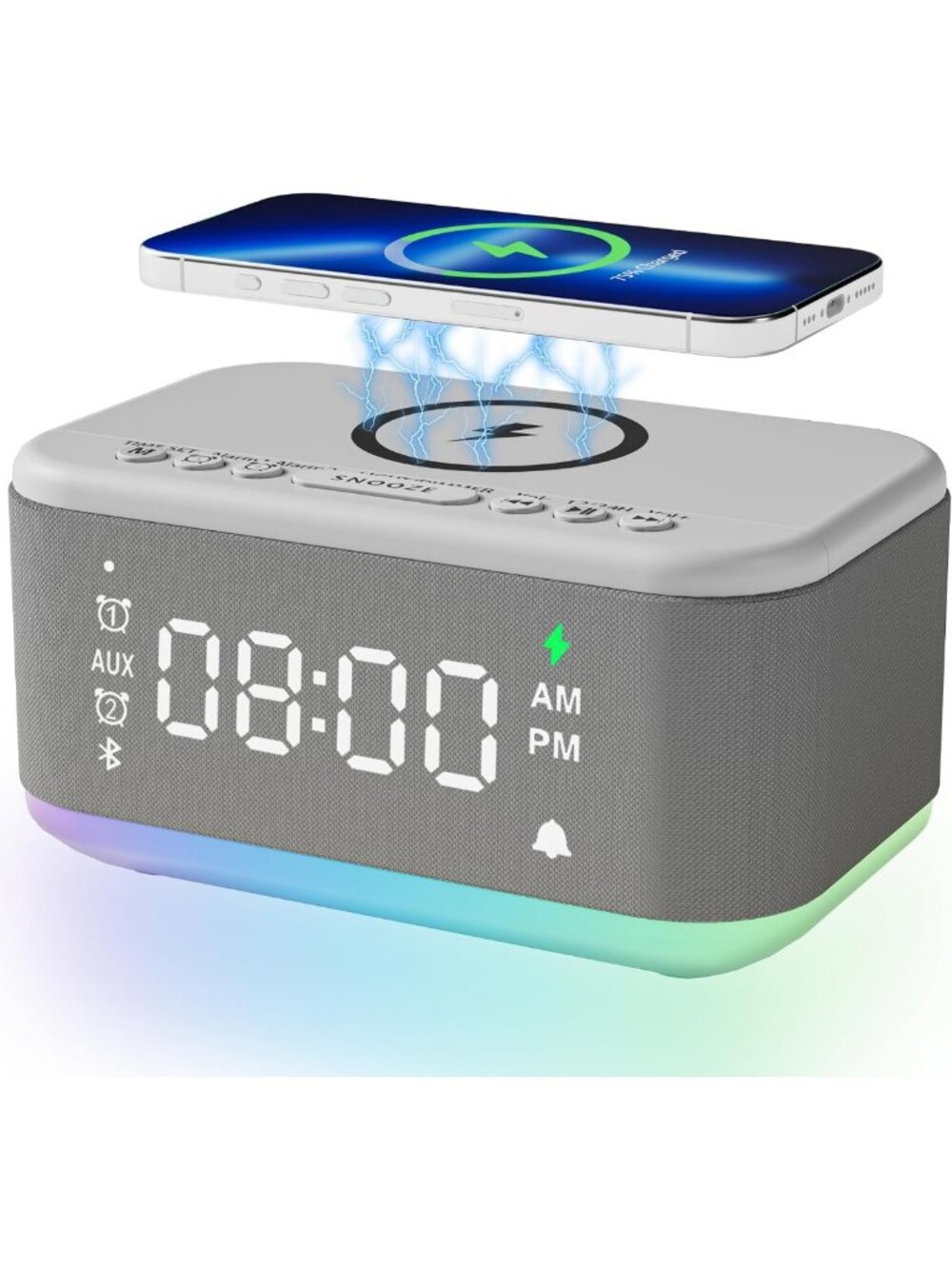 Wireless Charging Alarm Clock Speaker with Bluetooth, Dimmable Light & Dual